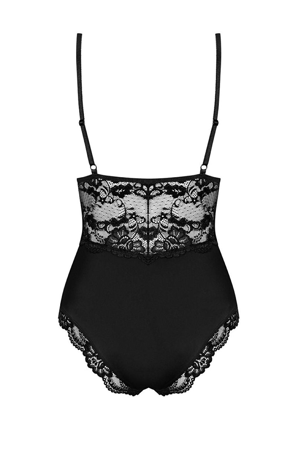 Body en dentelle noire Obsessive 810-TED-1, dos nu, bretelles réglables, bonnets rembourrés, coupe élégante et féminine.