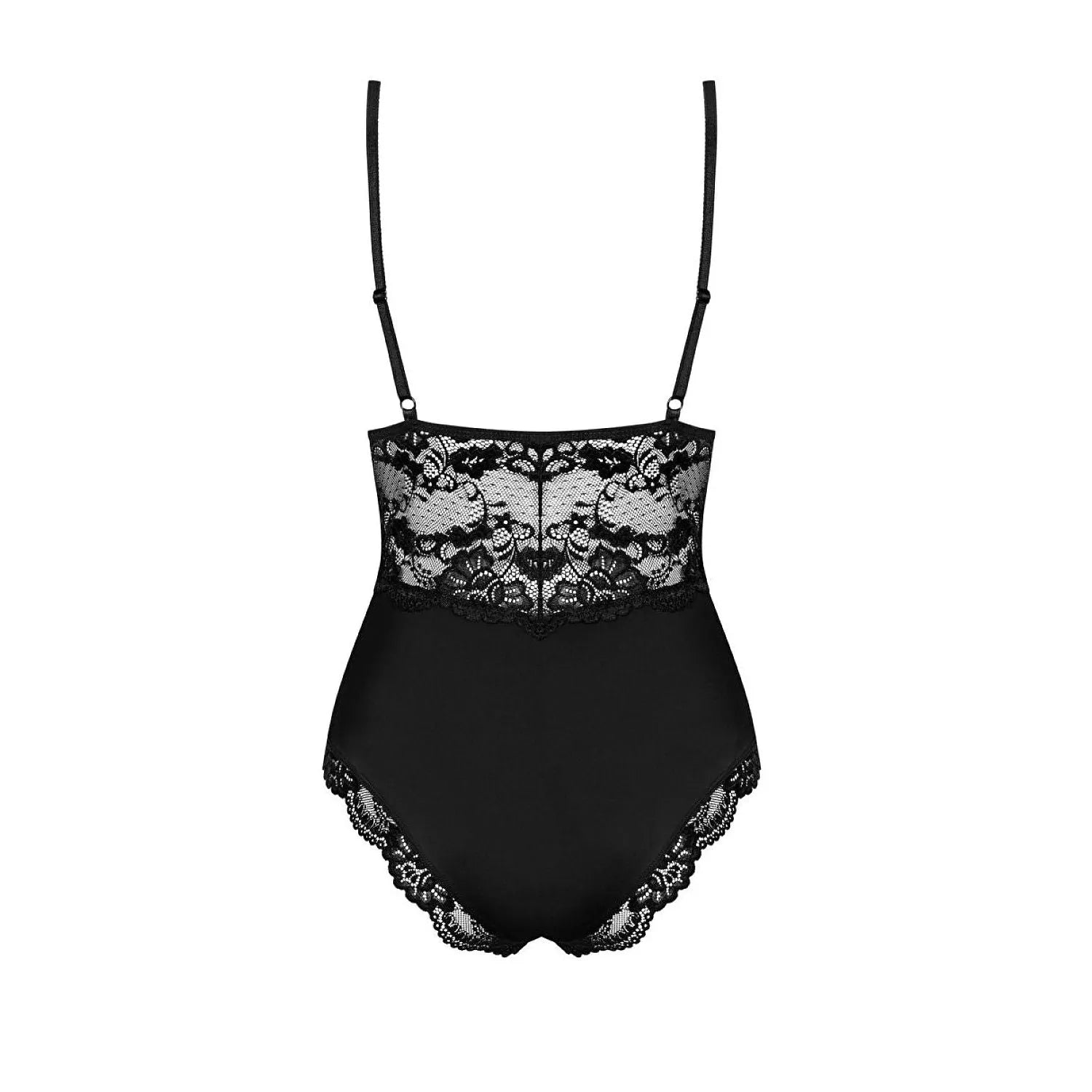 Body en dentelle noire Obsessive 810-TED-1, dos nu, bretelles réglables, bonnets rembourrés, coupe élégante et féminine.