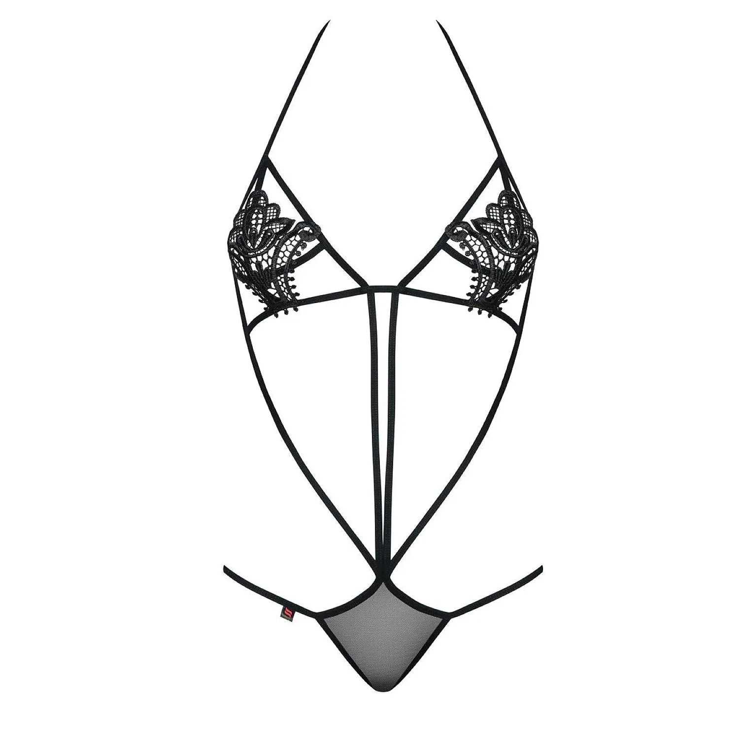 Body noir sensuel en lanières fines avec applications florales, ajustable au cou et dos, ventre découvert, modèle 230101.