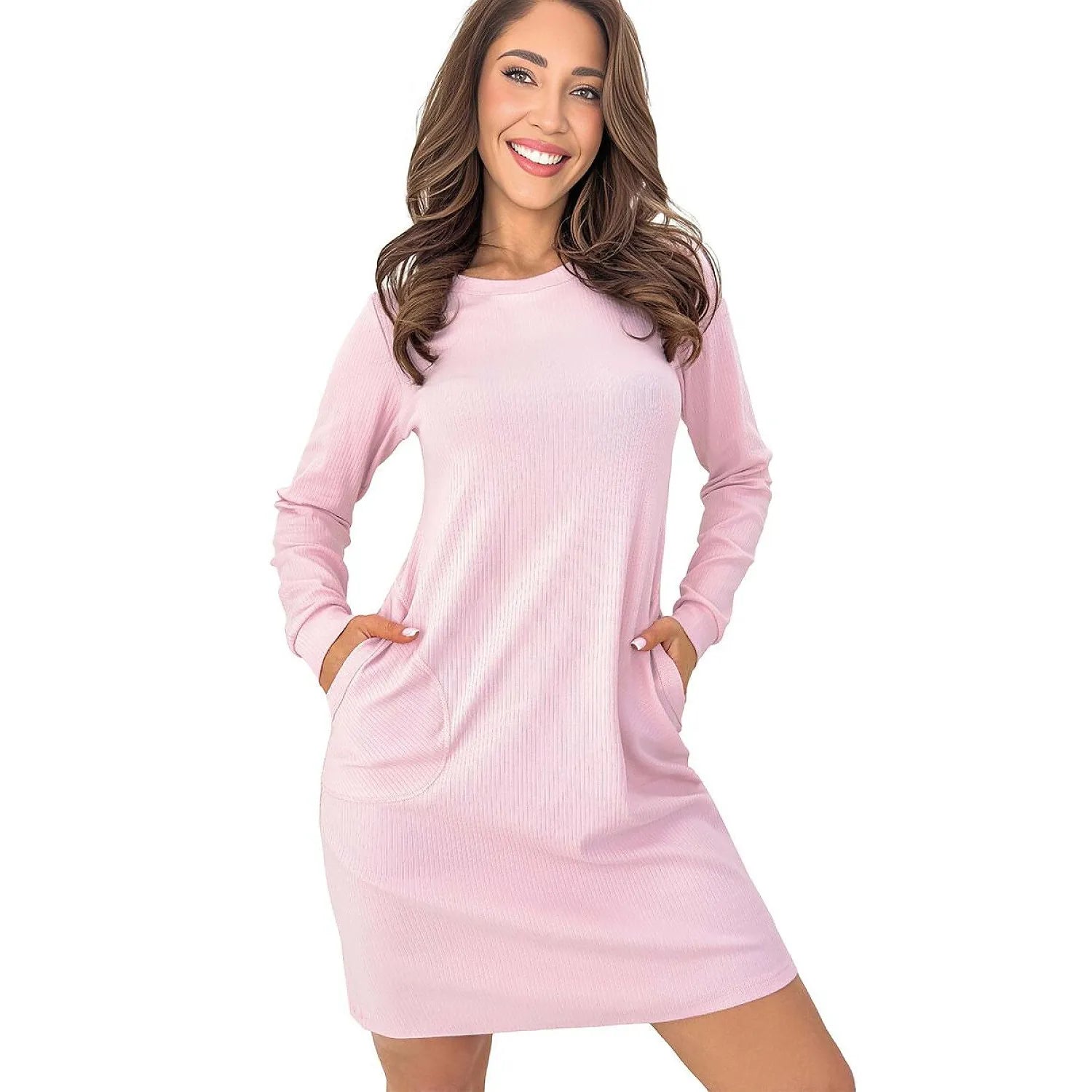 Chemise de nuit femme coton élasthanne confortable rose manches longues poches