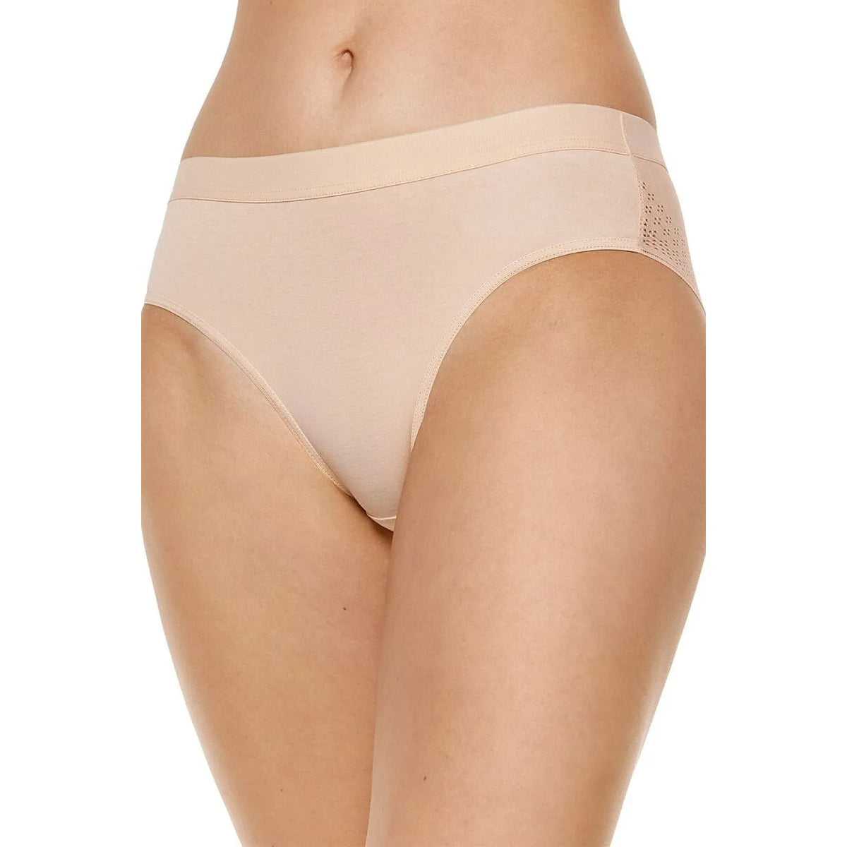 Culotte beige Gorteks avec inserts ajourés sur les côtés, ceinture élastique large, coupe classique et coutures plates.