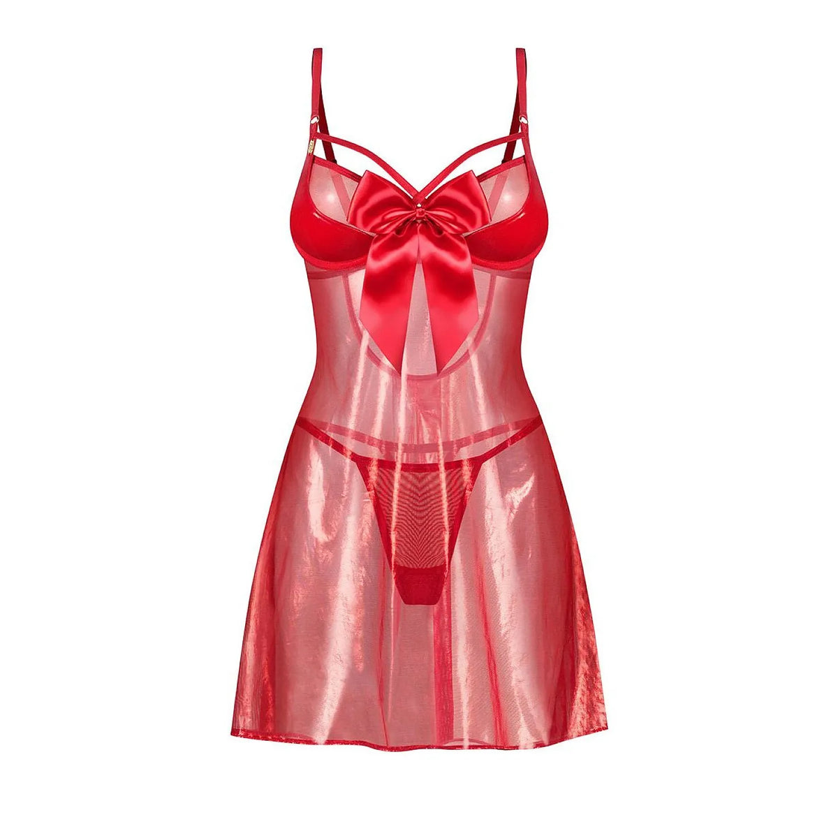Ensemble babydoll rouge transparent avec nœud satiné, bonnets rembourrés et armatures, design élégant et féminin.