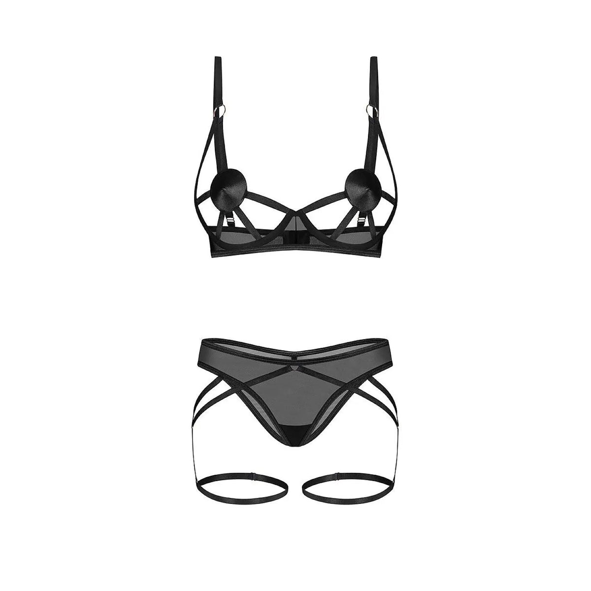 Ensemble lingerie noir Euridia, filet transparent, bandes géométriques, détails or rose, soutien-gorge ouvert, string élég...