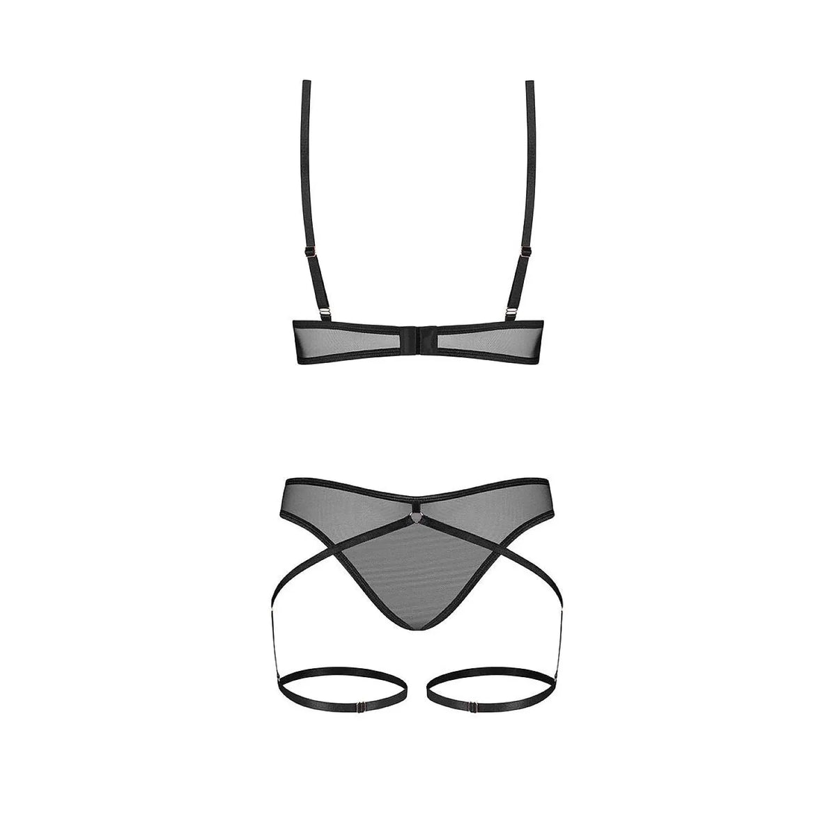 Ensemble lingerie noir Euridia, filet transparent, bandes géométriques, détails or rose, soutien-gorge et string.