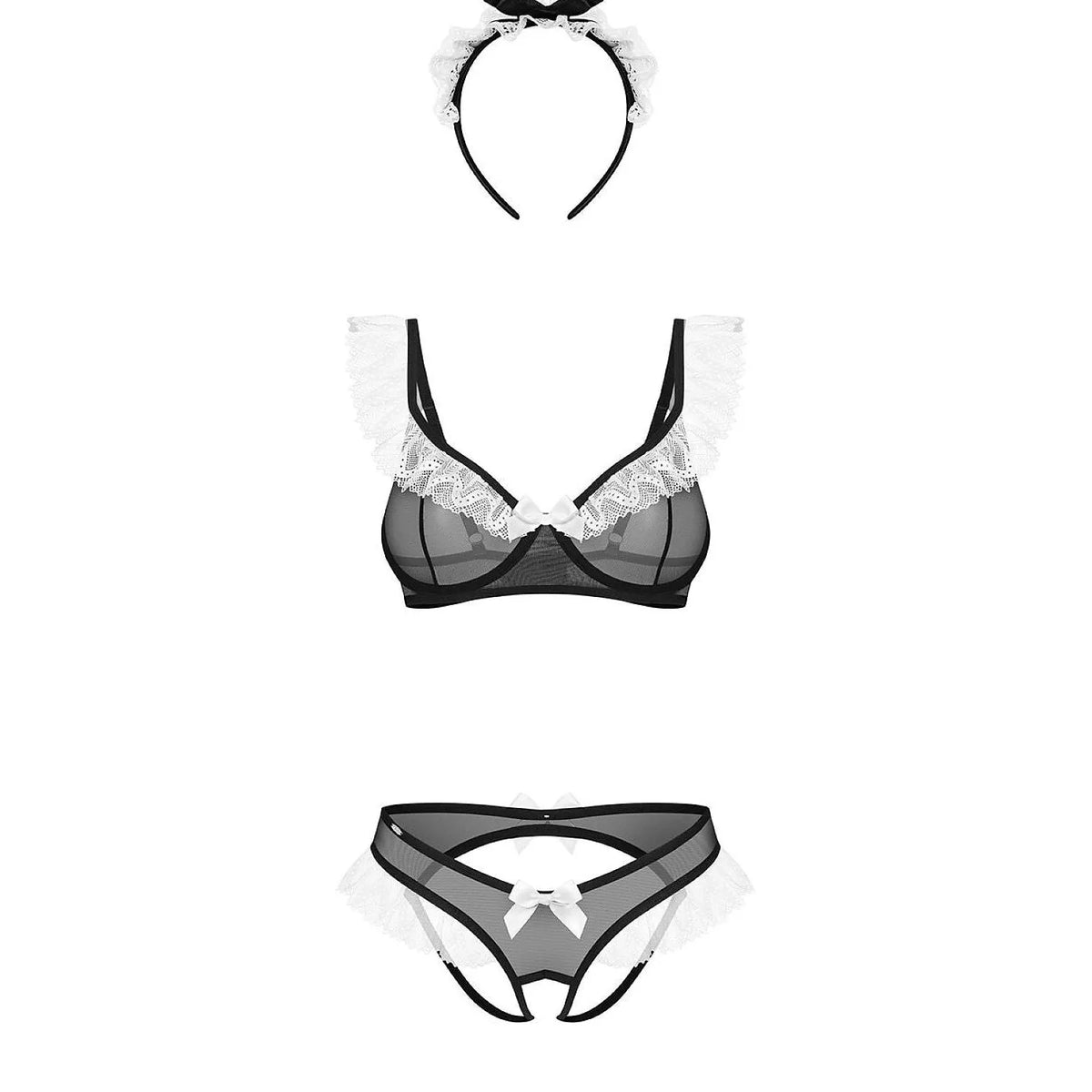 Costume femme de chambre érotique noir en filet transparent avec dentelle et nœuds satin, modèle Obsessive 231568.