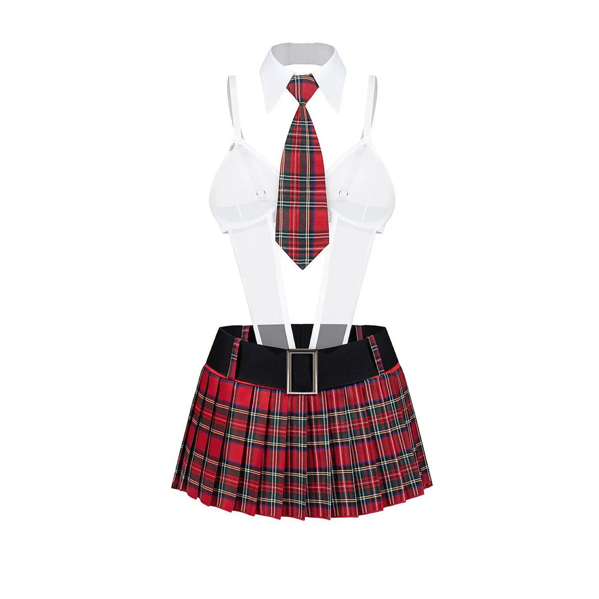 Costume écolière érotique 5 pièces: body transparent, mini-jupe plissée rouge, cravate, col blanc, ceinture noire.