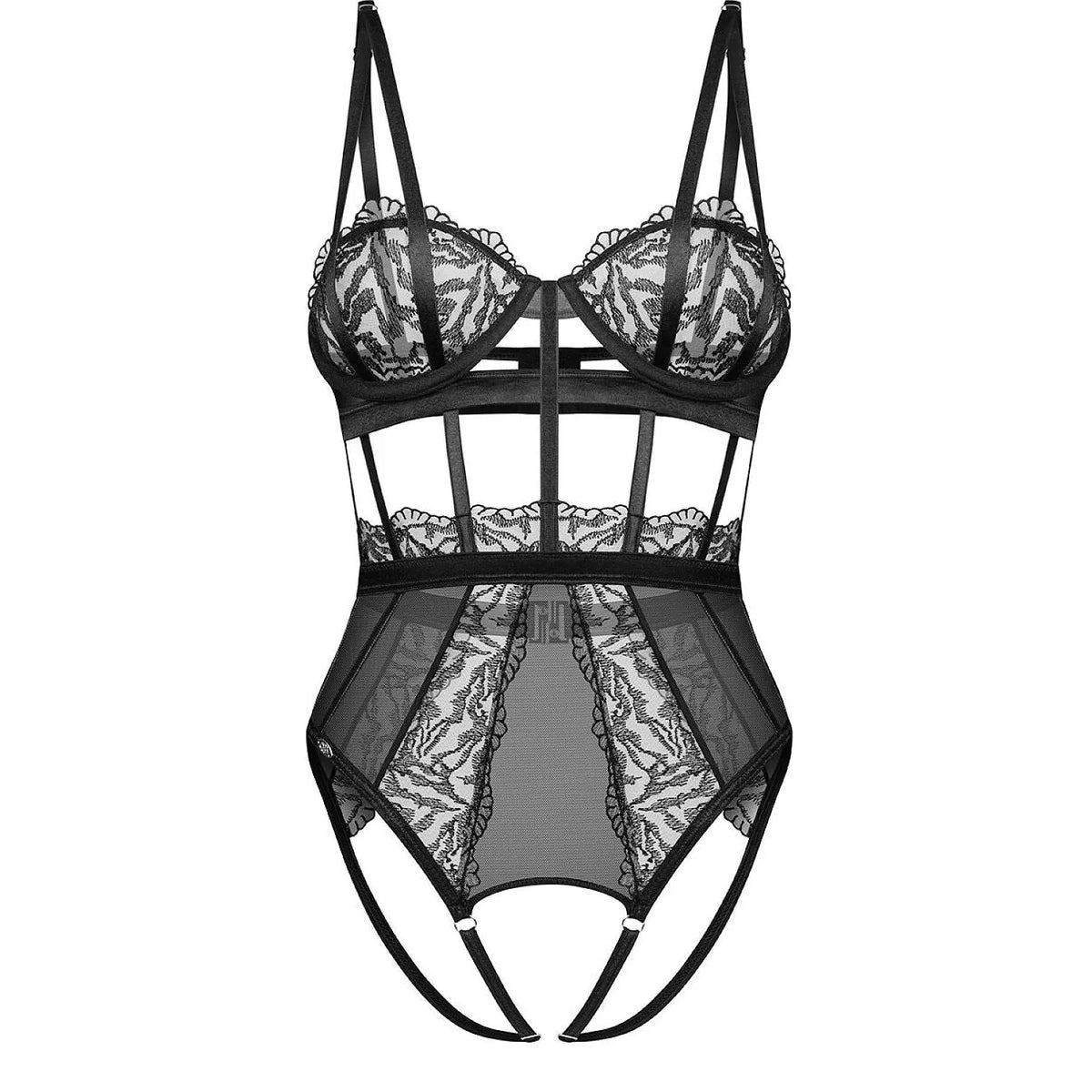 Body noir Obsessive Hersis, dentelle motif animalier, panneaux transparents, bretelles réglables, bonnets rembourrés.