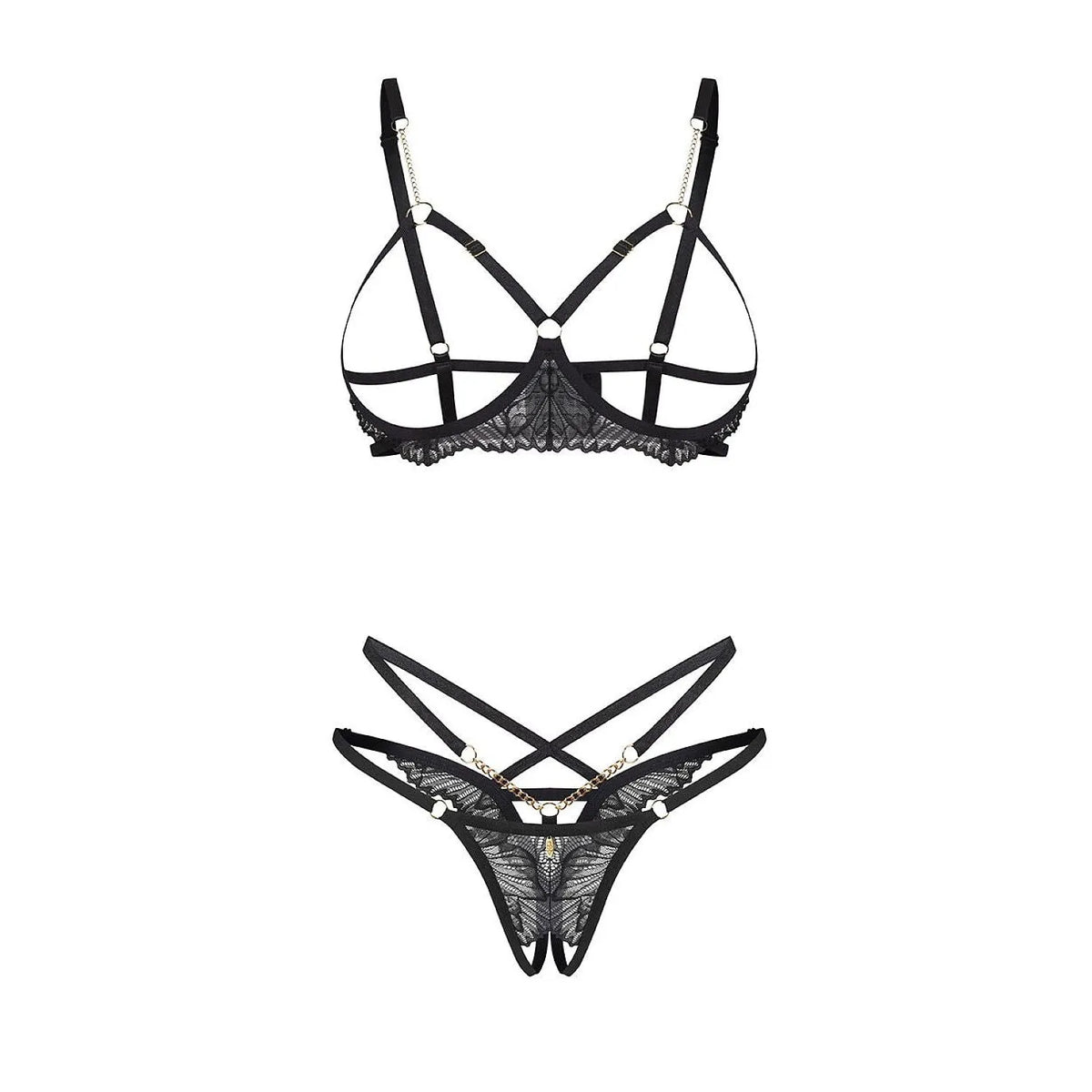 Ensemble lingerie noir en dentelle avec lanières et détails dorés, soutien-gorge ouvert et string à entrejambe ouvert.