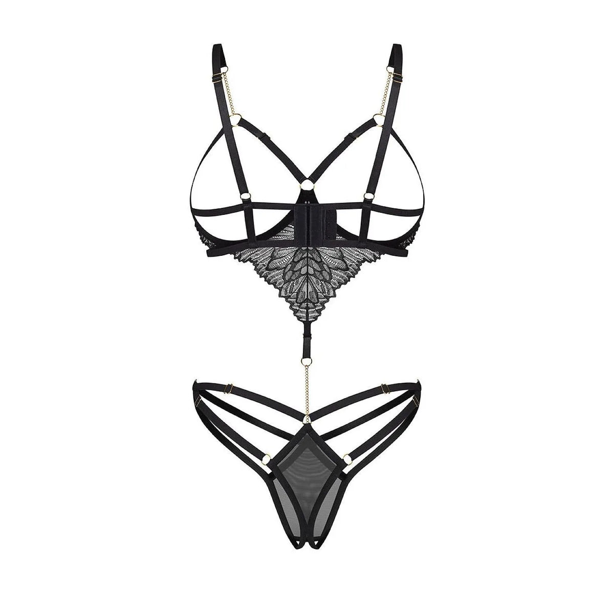 Body Matildea en dentelle noire avec bonnets ouverts et chaîne bijoutée, élégant et sensuel pour femmes audacieuses.