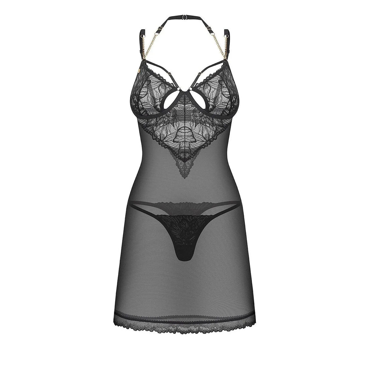 Ensemble lingerie noir Matildea en dentelle transparente avec bonnets à baleines et chaînes décoratives élégantes.