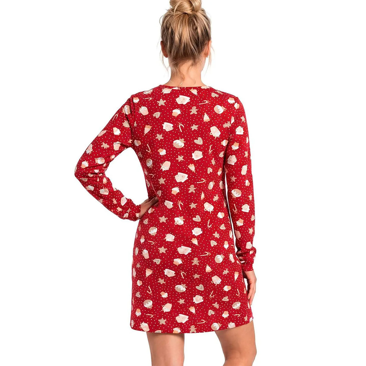 Chemise de nuit rouge à motifs de gâteaux et bonbons, manches longues, col rond, coupe décontractée, ambiance Noël.