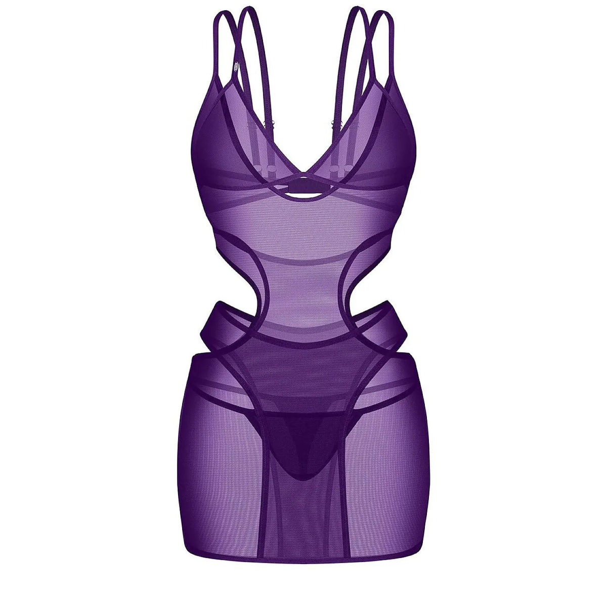 Ensemble lingerie violet intense Obsessive, robe découpée ajustée, bonnets souples, bretelles réglables.
