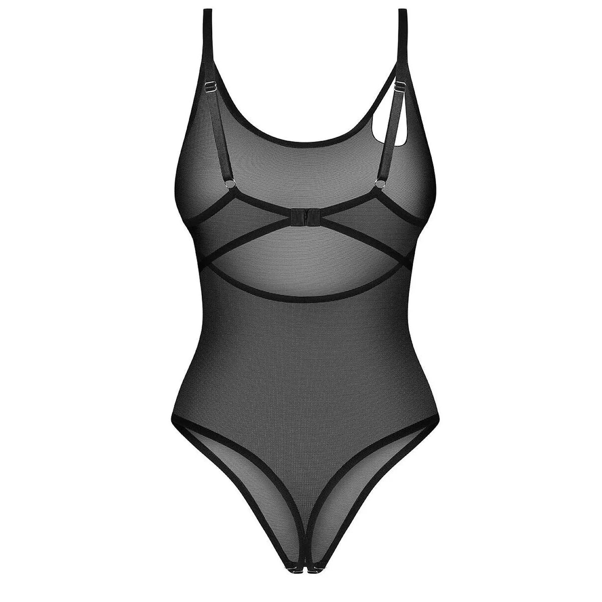 Body féminin noir transparent Obsessive 232360, design moderne avec découpes asymétriques et bordures décoratives.