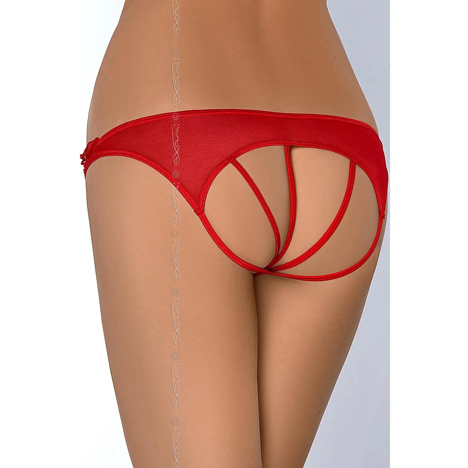 Culotte ouverte rouge Axami en tulle rayé avec volants et nœud satin, design élégant et sensuel, vue arrière.