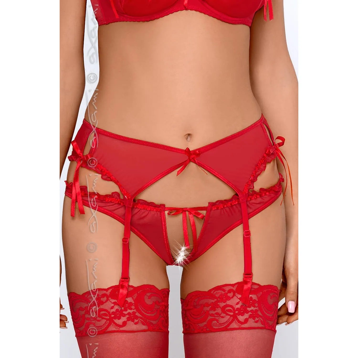 Ceinture porte-jarretelles rouge Axami en tulle et satin, volants délicats, nœud décoratif, tailles S à XL.