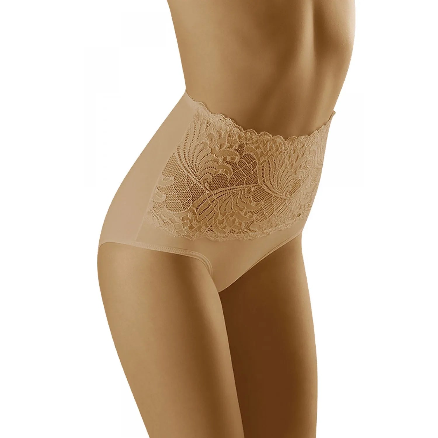 culotte taille haute dentelle Wolbar modèle ventre plat élégante confortable dos lisse maintien léger extensible polyamide élasthanne beige tailles variées