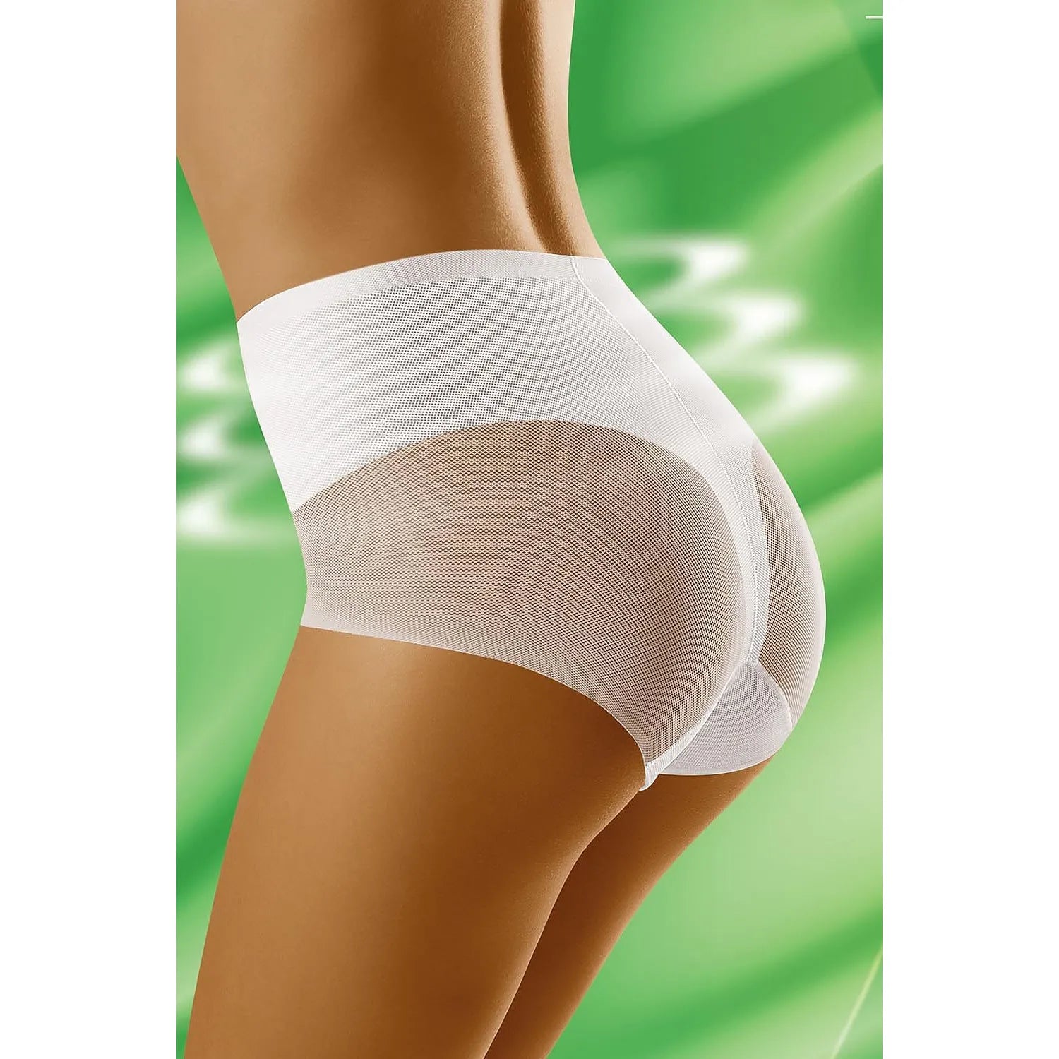 Culottes blanches invisibles Wolbar, ajourées, silhouette affinée, confortables, extensibles, fond vert.