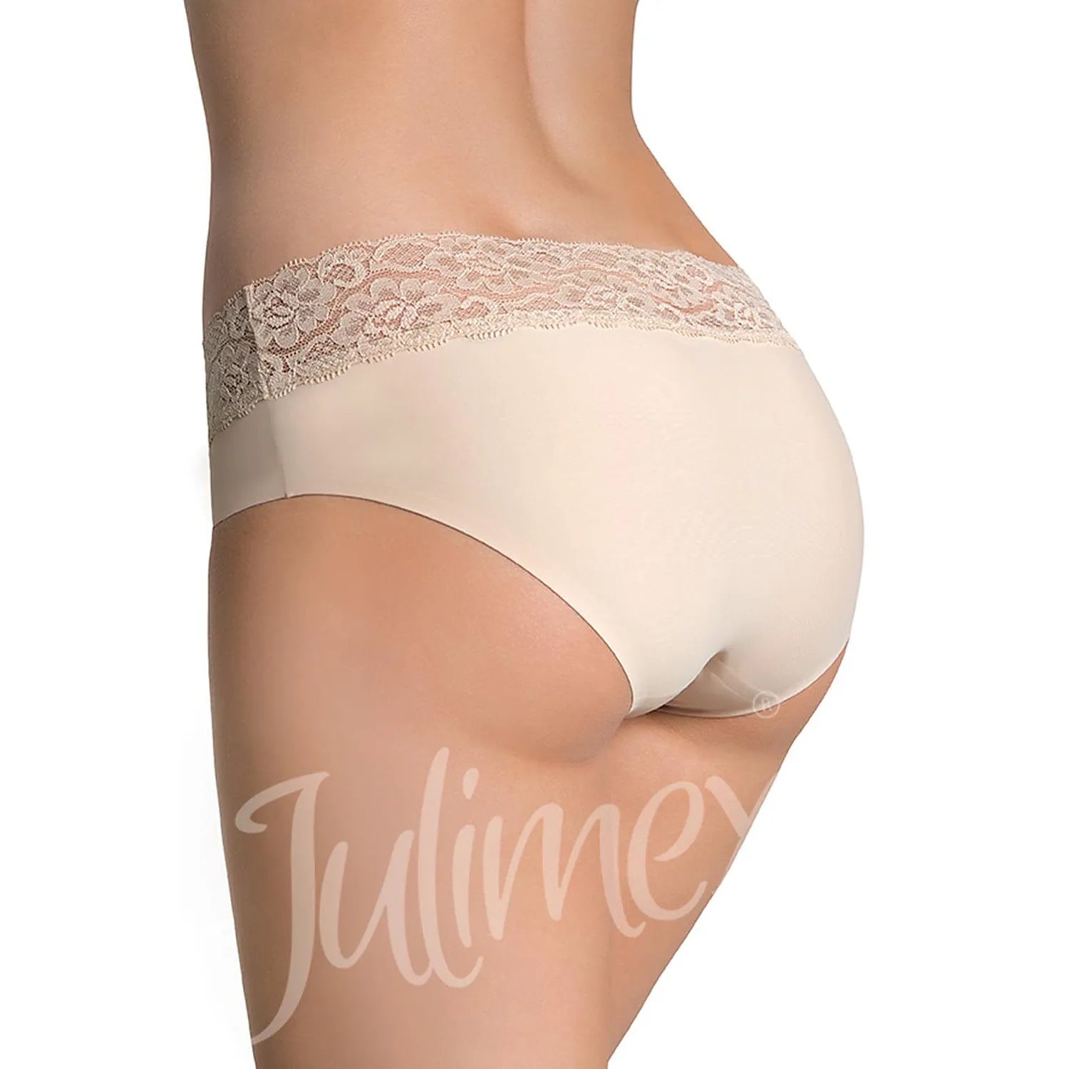 Bas bikini beige sans couture en dentelle délicate, épouse la silhouette, confort léger, Julimex Lingerie.