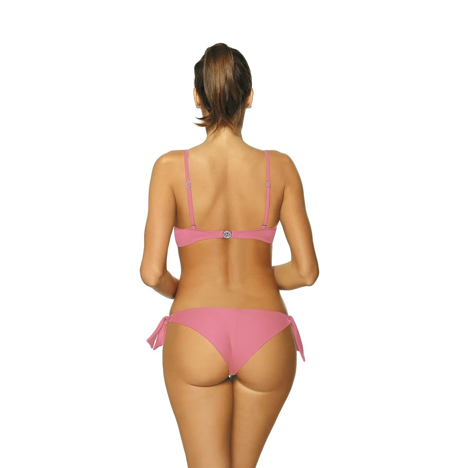 Bikini rose deux pièces avec volants, bretelles réglables, dos nu, parfait pour bronzage et soutien optimal.