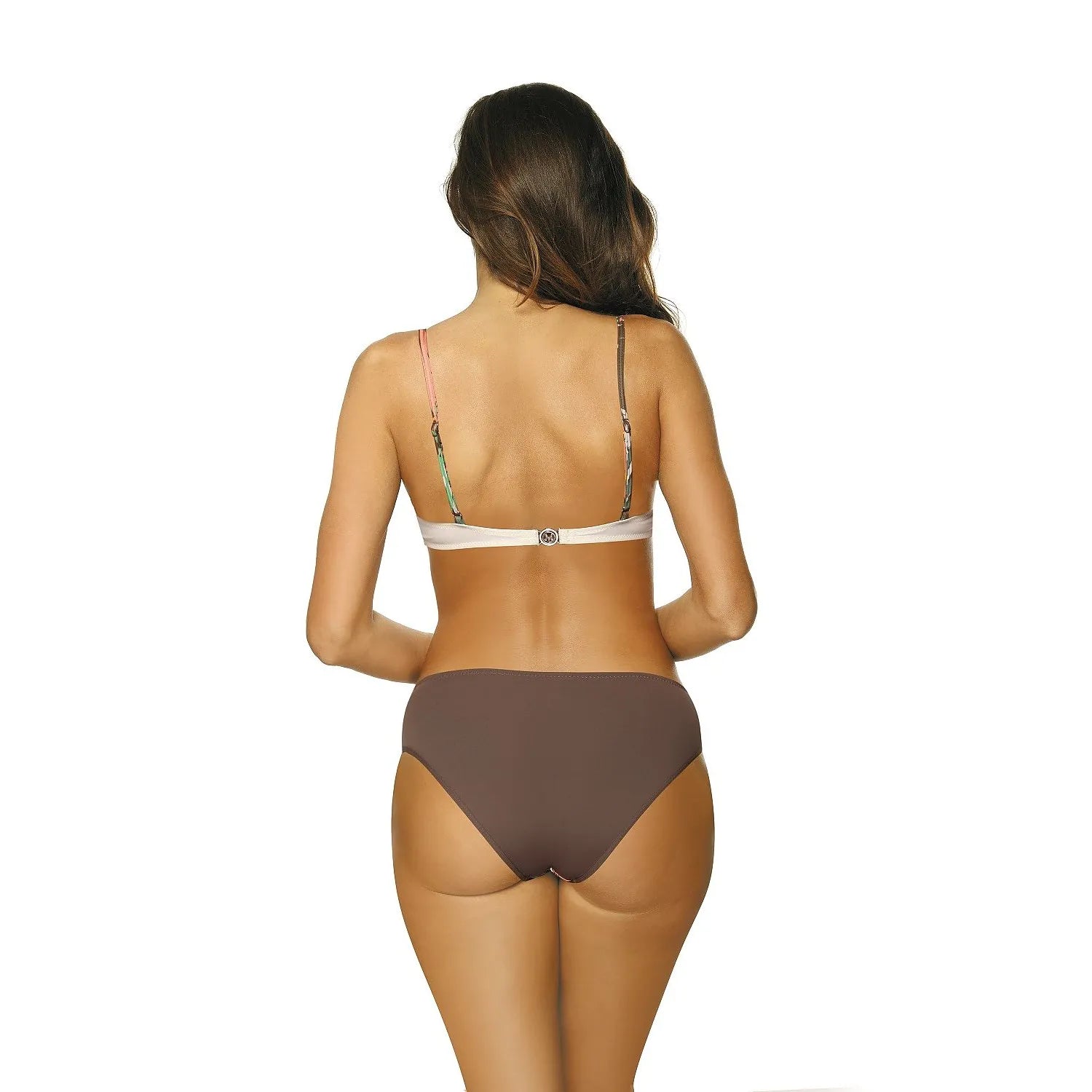 Bikini exotique motifs palmiers, décolleté cœur, armatures, bonnets rembourrés, bretelles réglables, tissu élastique.