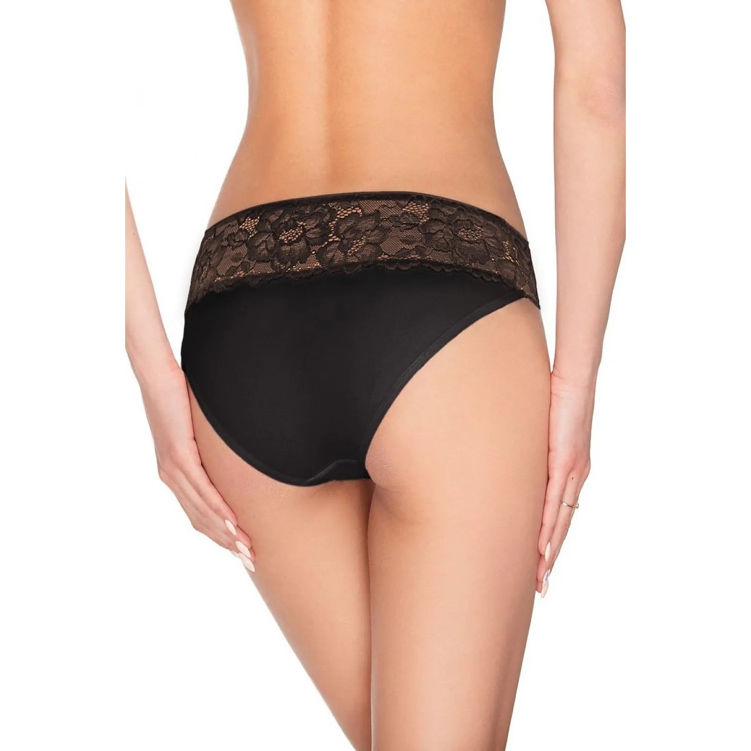 Culotte noire Ewana en dentelle florale, fond lisse, coupe couvrante, maintien optimal, élégance et confort.
