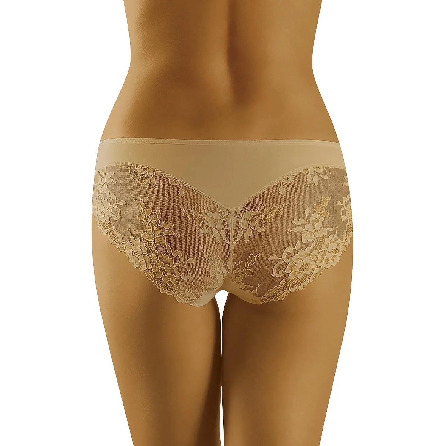 Culotte beige en microfibre et dentelle, élégante et confortable, vue arrière, design féminin et romantique.
