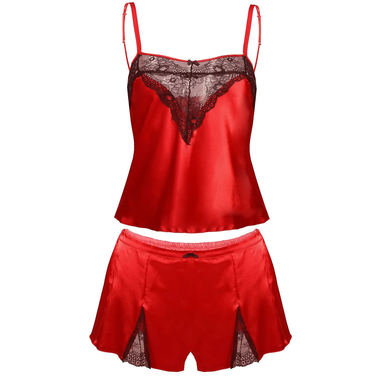 ensemble satin dentelle femme blouse fines bretelles short sexy DKaren rouge passion léger fluide confortable raffiné séduction