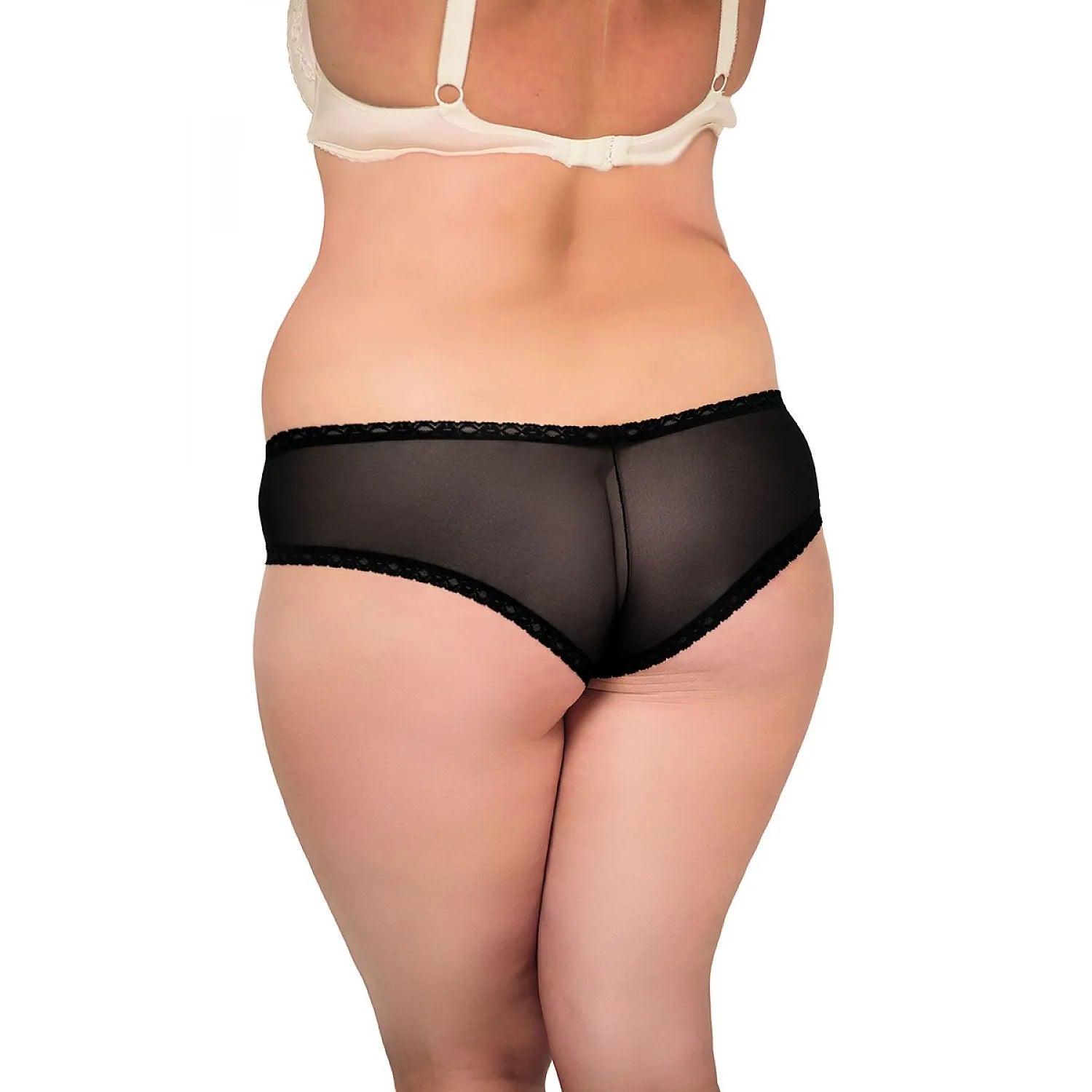 Culotte noire dentelle florale, échancrée, fentes décorées de nœuds, grande taille, élégante et sensuelle.
