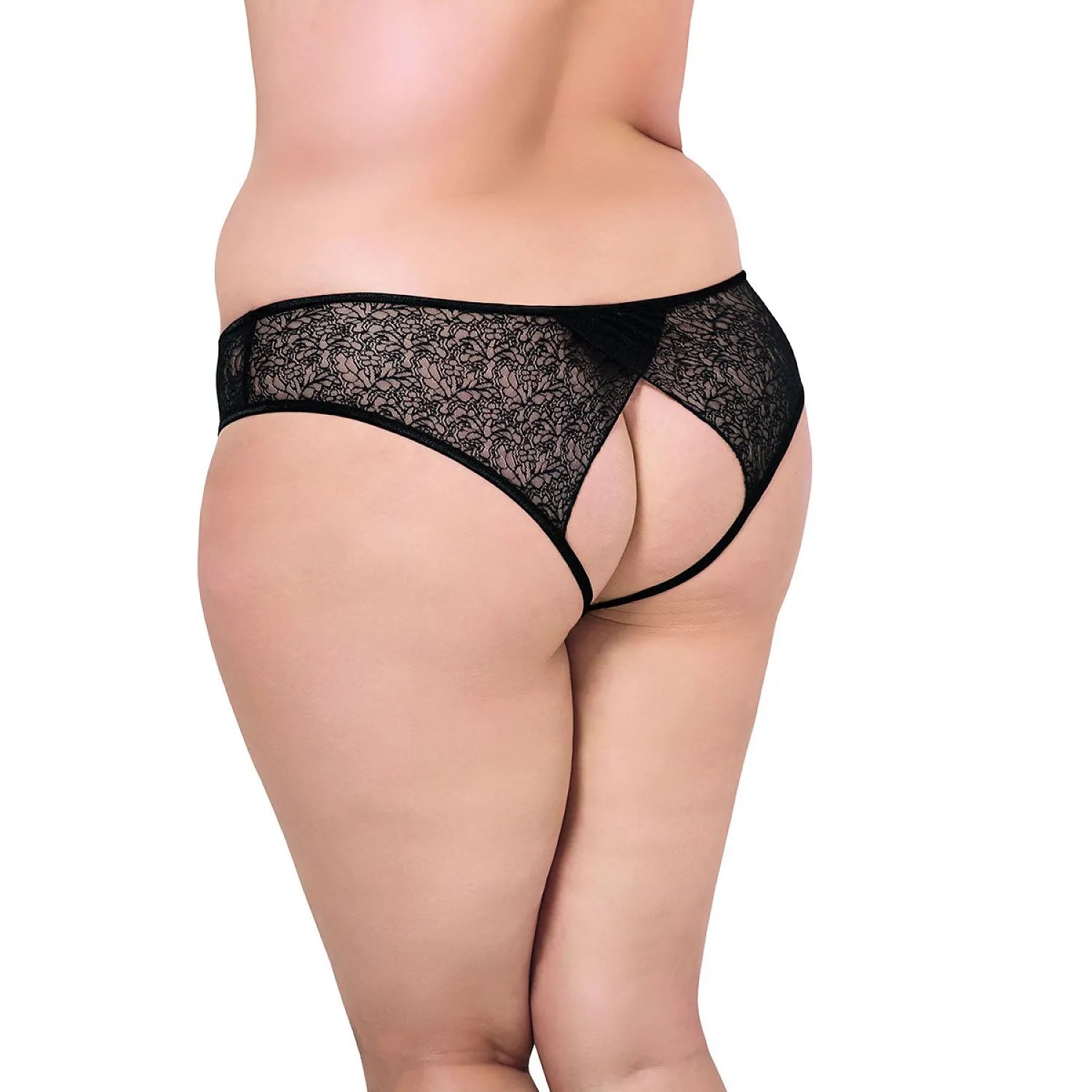 Culotte dentelle florale noire entrejambe ouvert, design séduisant et confortable, Plus Size SoftLine Collection.
