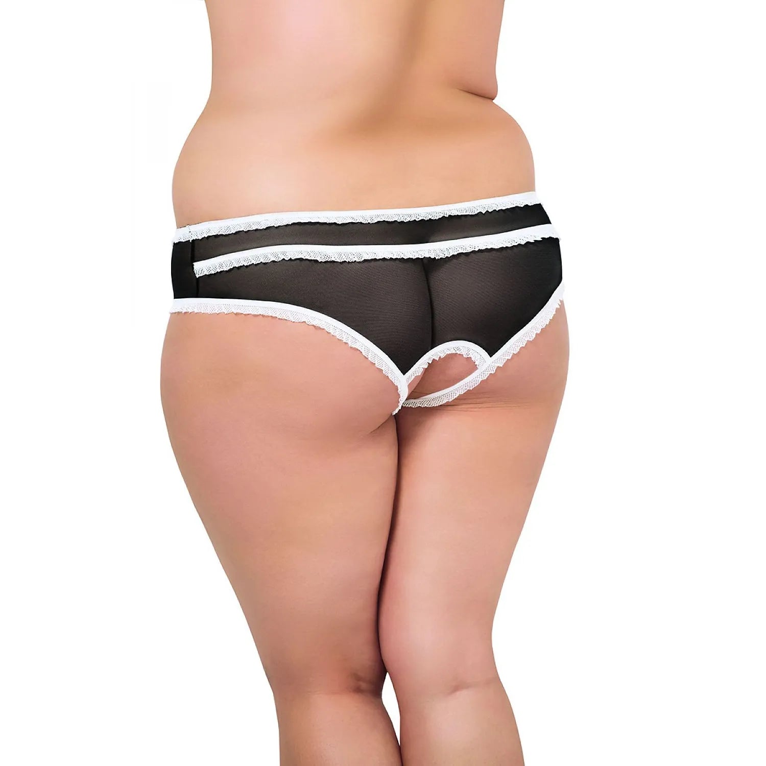 Culotte grande taille noire en tulle avec dentelle blanche, nœud décoratif, douce et hypoallergénique, vue arrière.