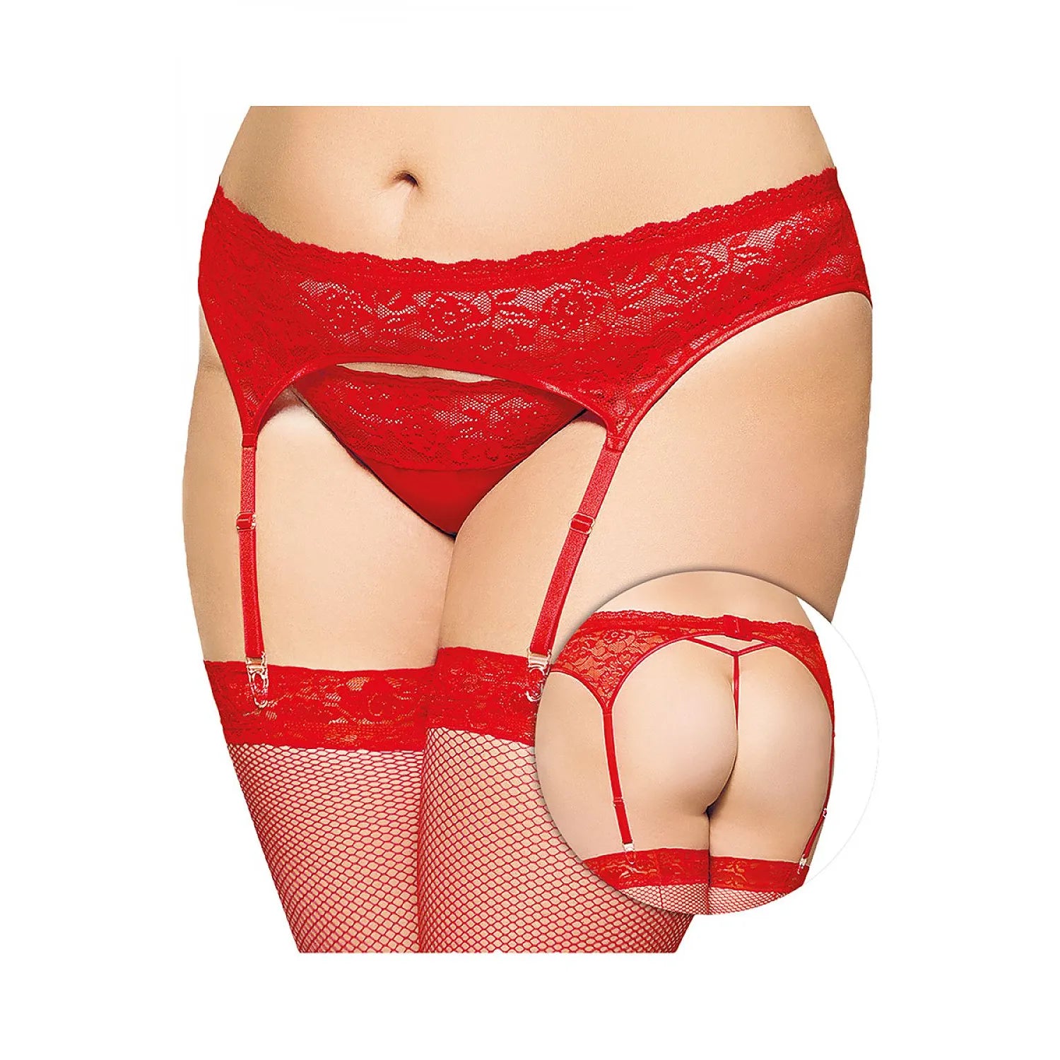 ensemble sexy grande taille dentelle florale portejarretelles réglables string maille fermeture crochets dos confort élégance romantique rouge XL XXL XXXL