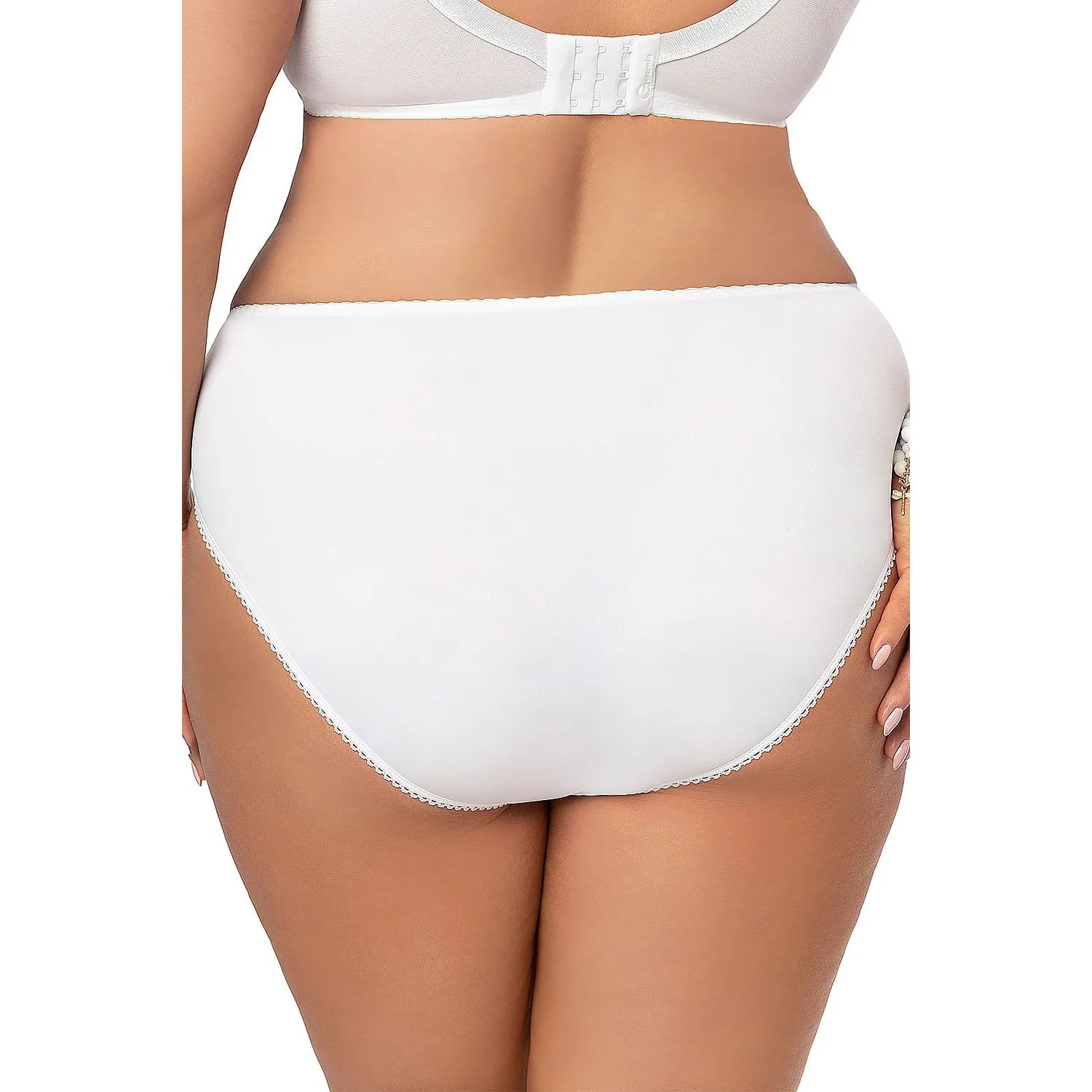 Culotte blanche Gorsenia en microfibre avec broderies latérales, élastique délicat, taille haute, vue arrière.