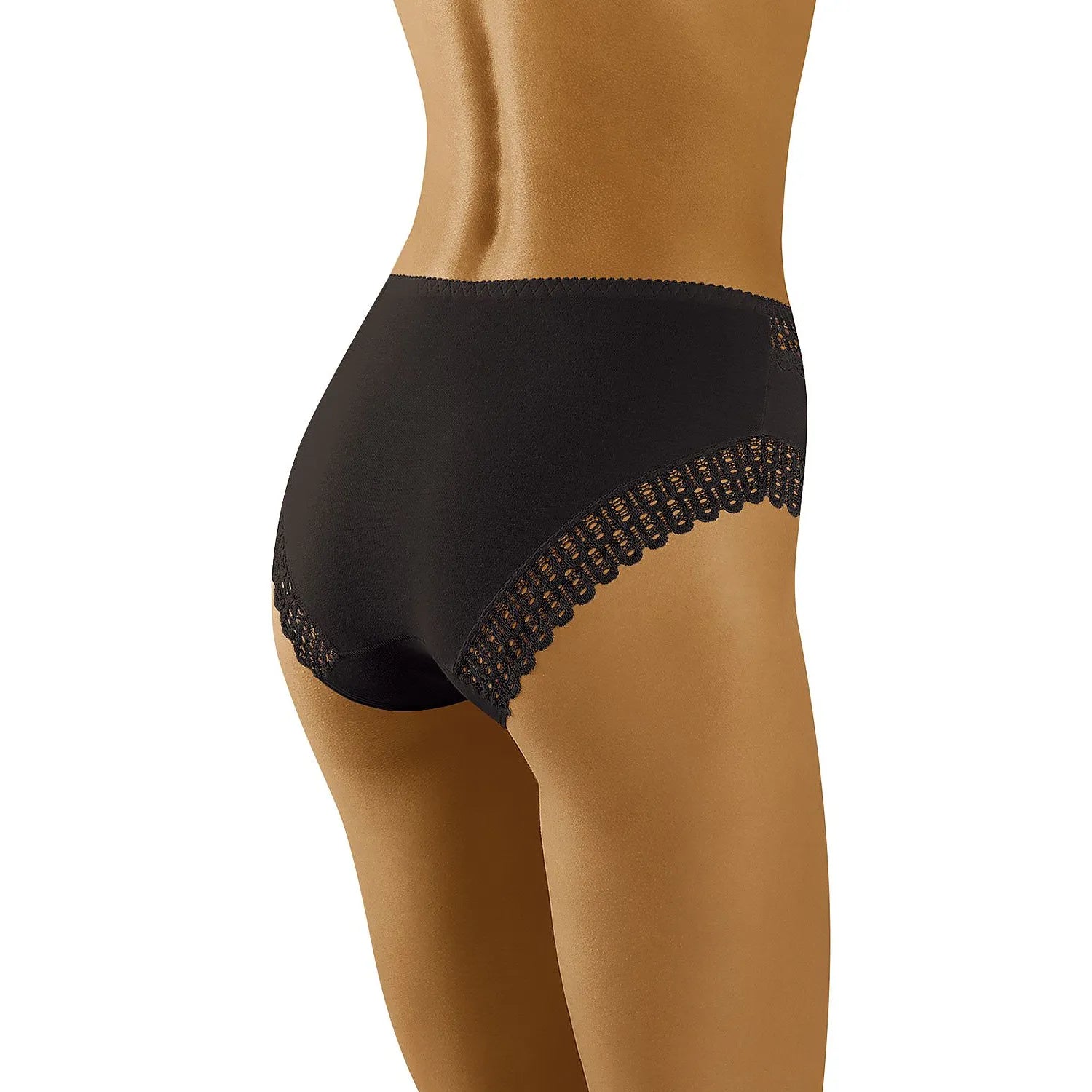 Culotte taille haute noire Wolbar en dentelle ajourée, coton extensible, coupe complète, élégante et confortable.
