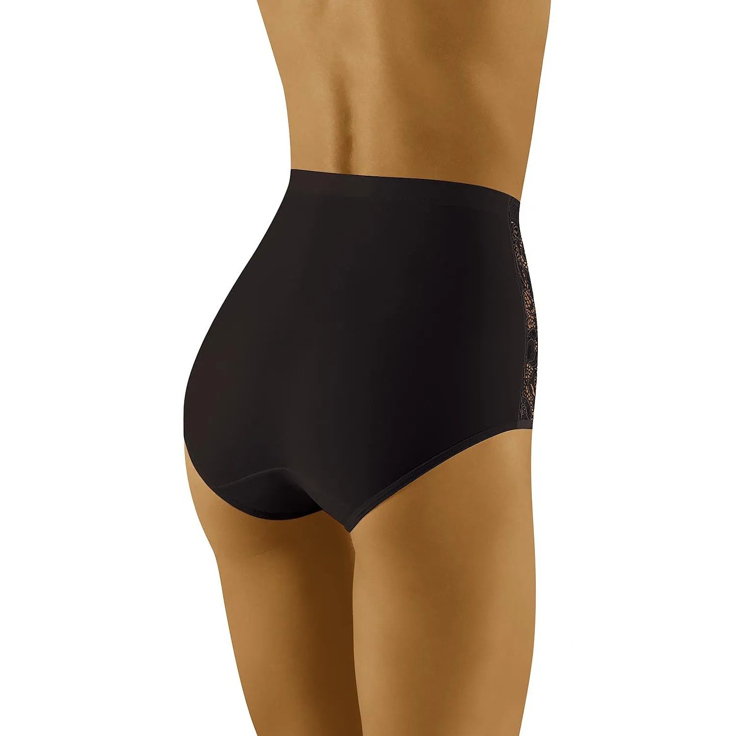 Culotte noire taille haute Wolbar 126419, dentelle latérale, effet sculptant, bande silicone antiglisse, élasthanne-polyam...