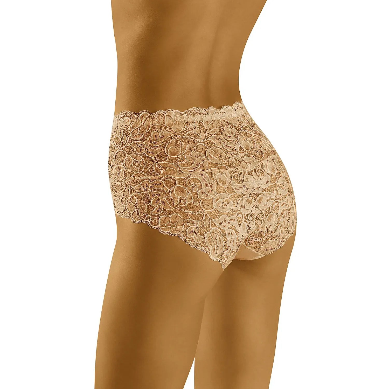 Culotte beige en dentelle délicate Wolbar, taille haute, dos lacets, élégante et sculptante, confort quotidien.