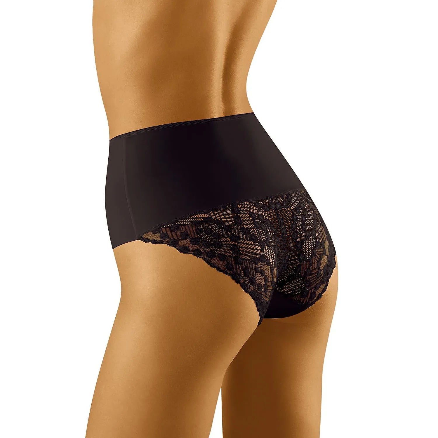 Culotte gainante noire haute, dentelle laser, coutures plates, jambes découpées, effet sculptant, silhouette affinée.