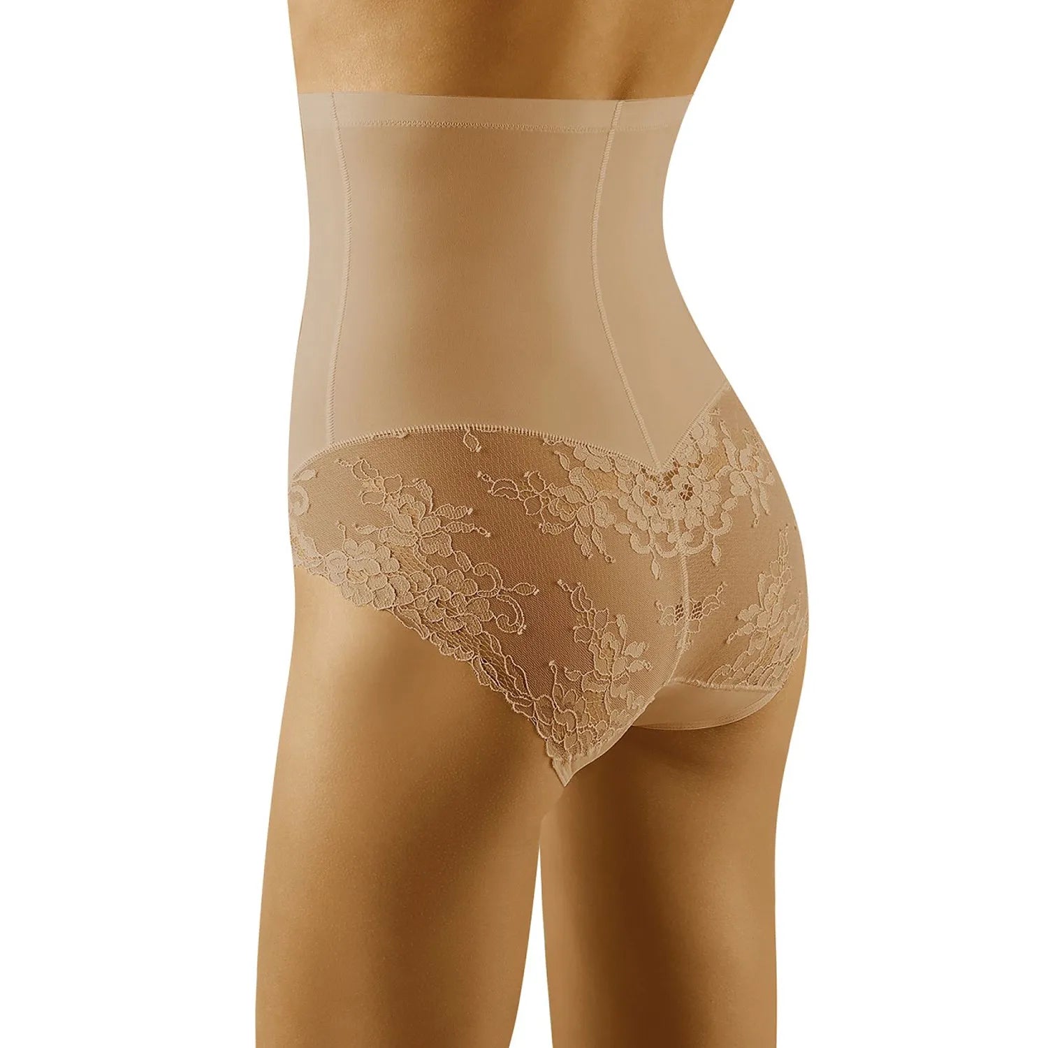 Culotte beige taille haute en dentelle silicone antiglisse, silhouette lisse, élégante et sophistiquée, vue arrière.