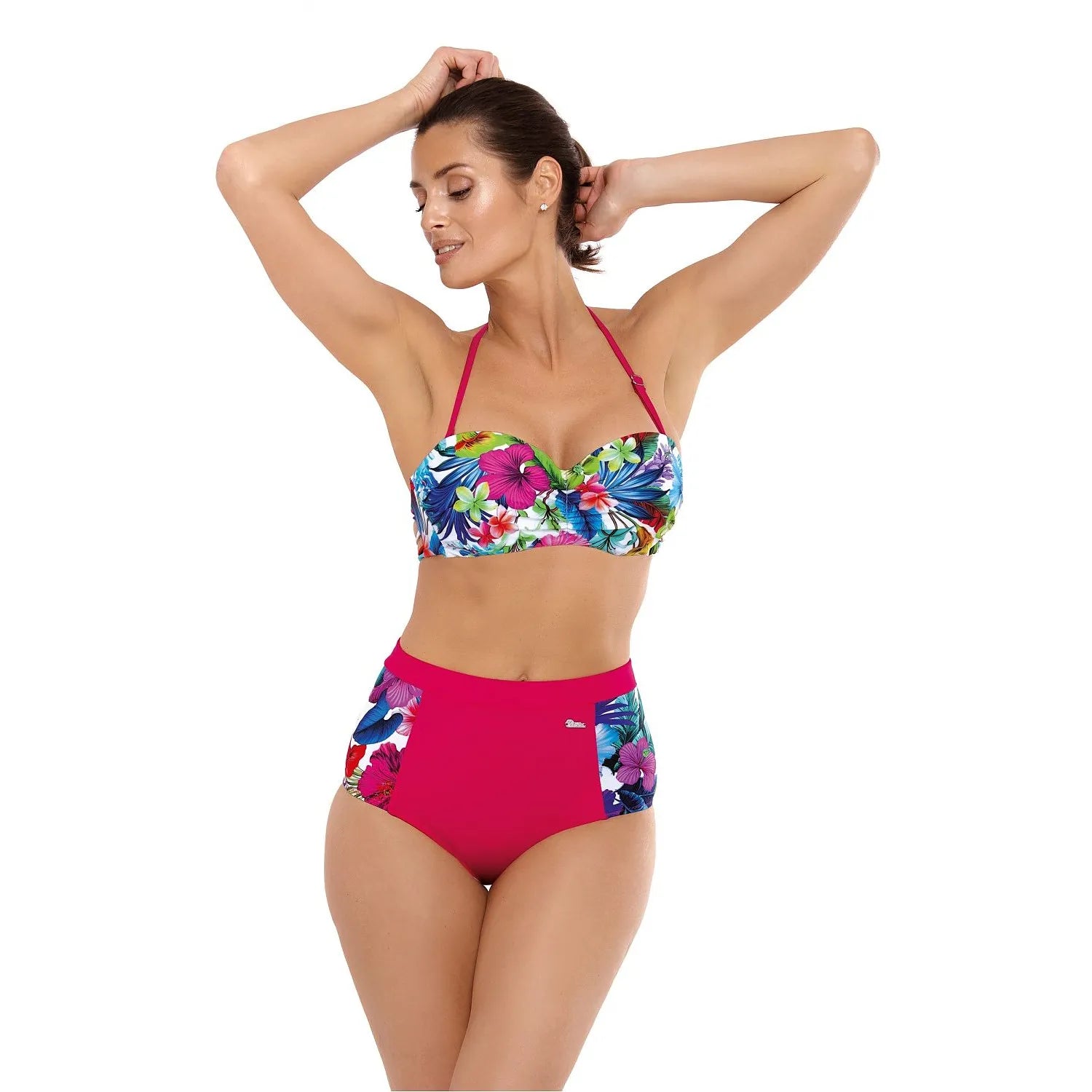 bikini deux pièces Marko floral multicolore fuchsia bleu vert rouge bandeau bretelles détachables réglables bonnet rembourré taille haute polyester élasthanne