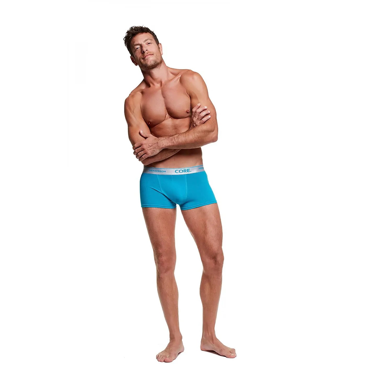 Boxers bleus pour hommes en coton élastique avec logo Henderson, coupe ajustée, tailles L à XXL, confort et style.