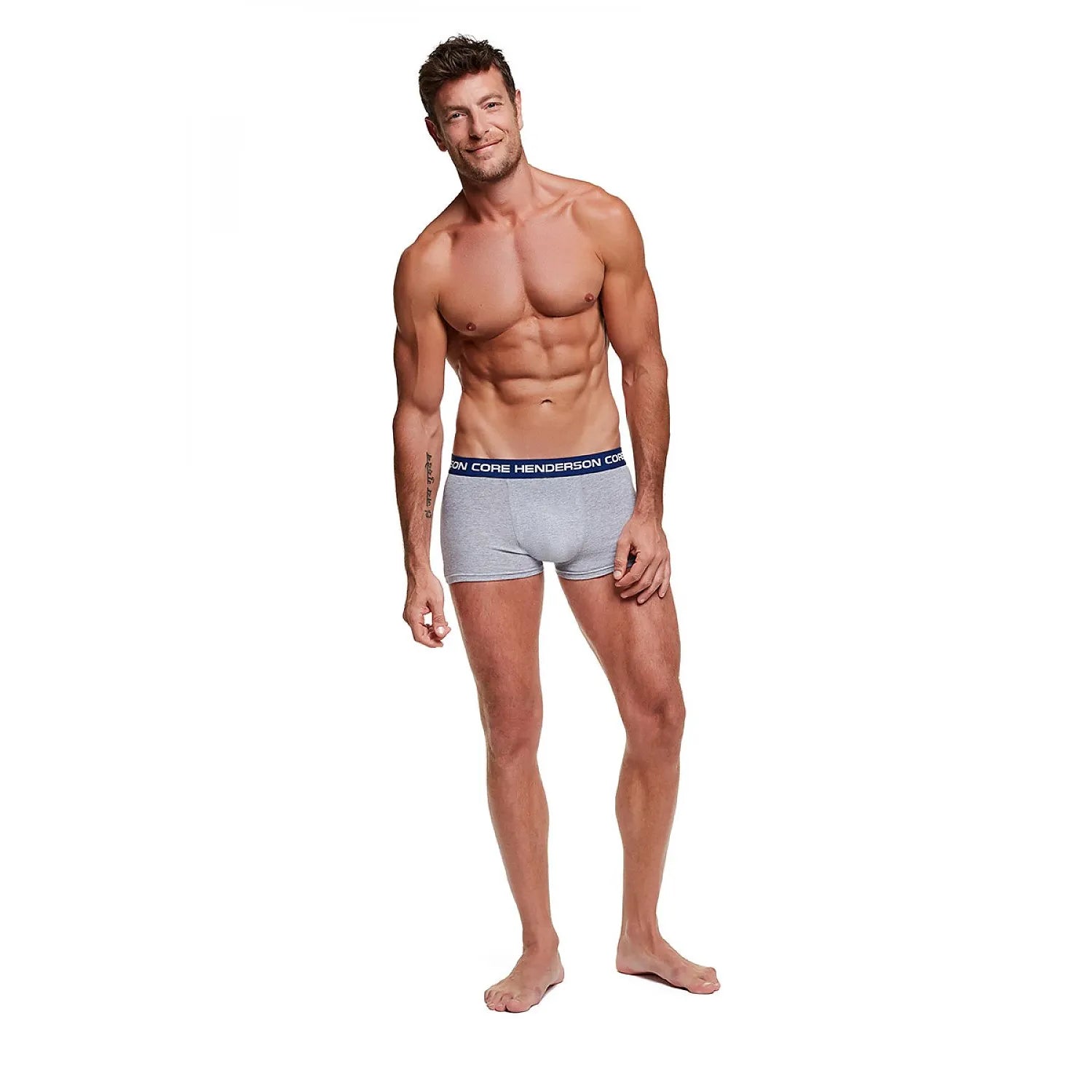 Caleçon homme Henderson gris, coupe moderne, ceinture élastique bleue, confort coton élasthanne, tailles L à XXL.