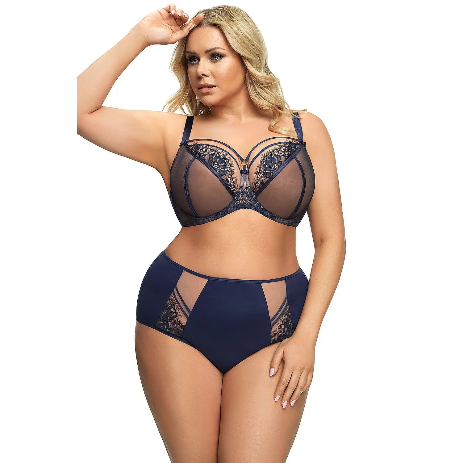 Soutien-gorge Gorsenia K496 bleu marine, dentelle noire, grandes tailles, armatures latérales, tulle double maille.