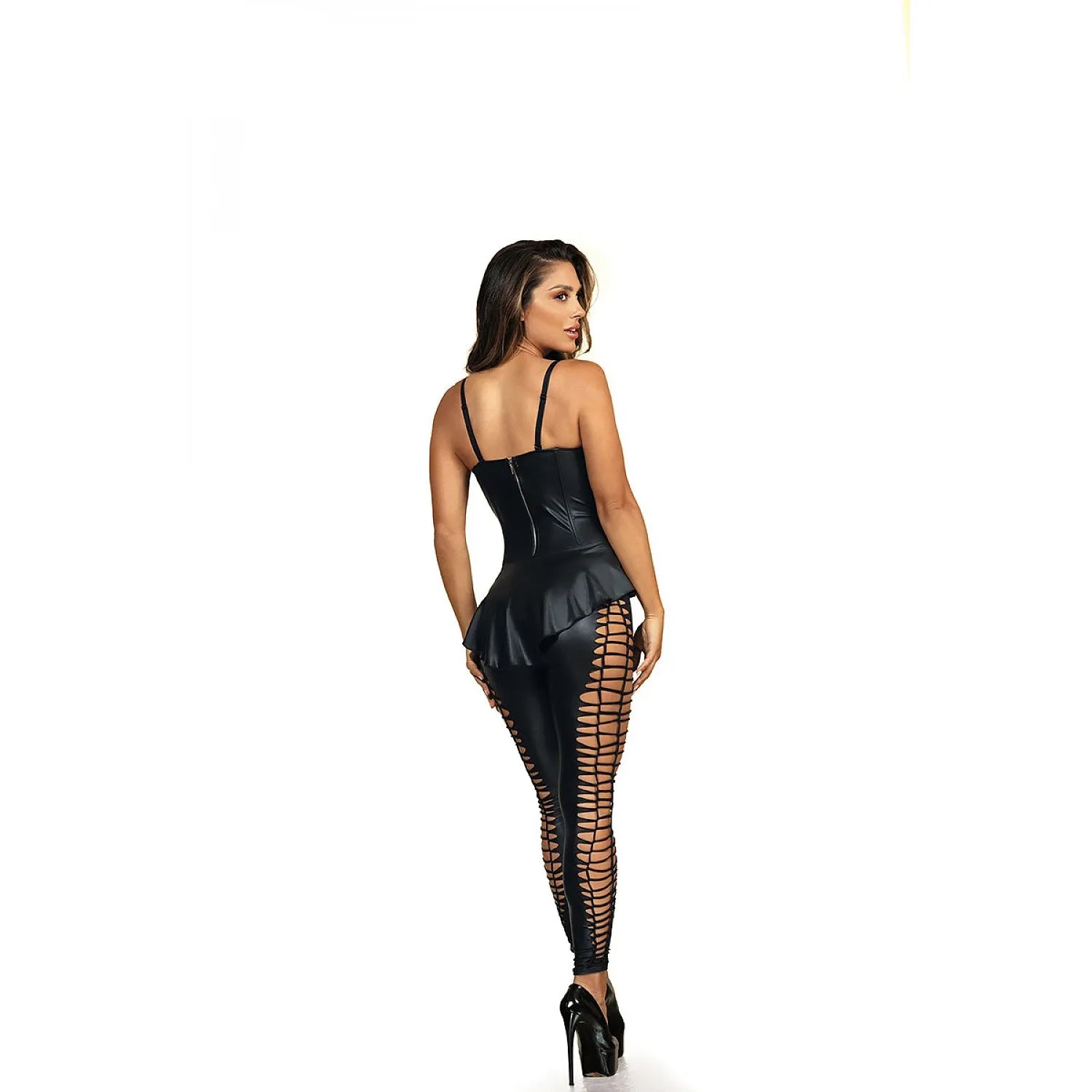Corset noir sensuel ondulé avec fermeture éclair, accentuant le dos et la silhouette féminine, porté par un mannequin.