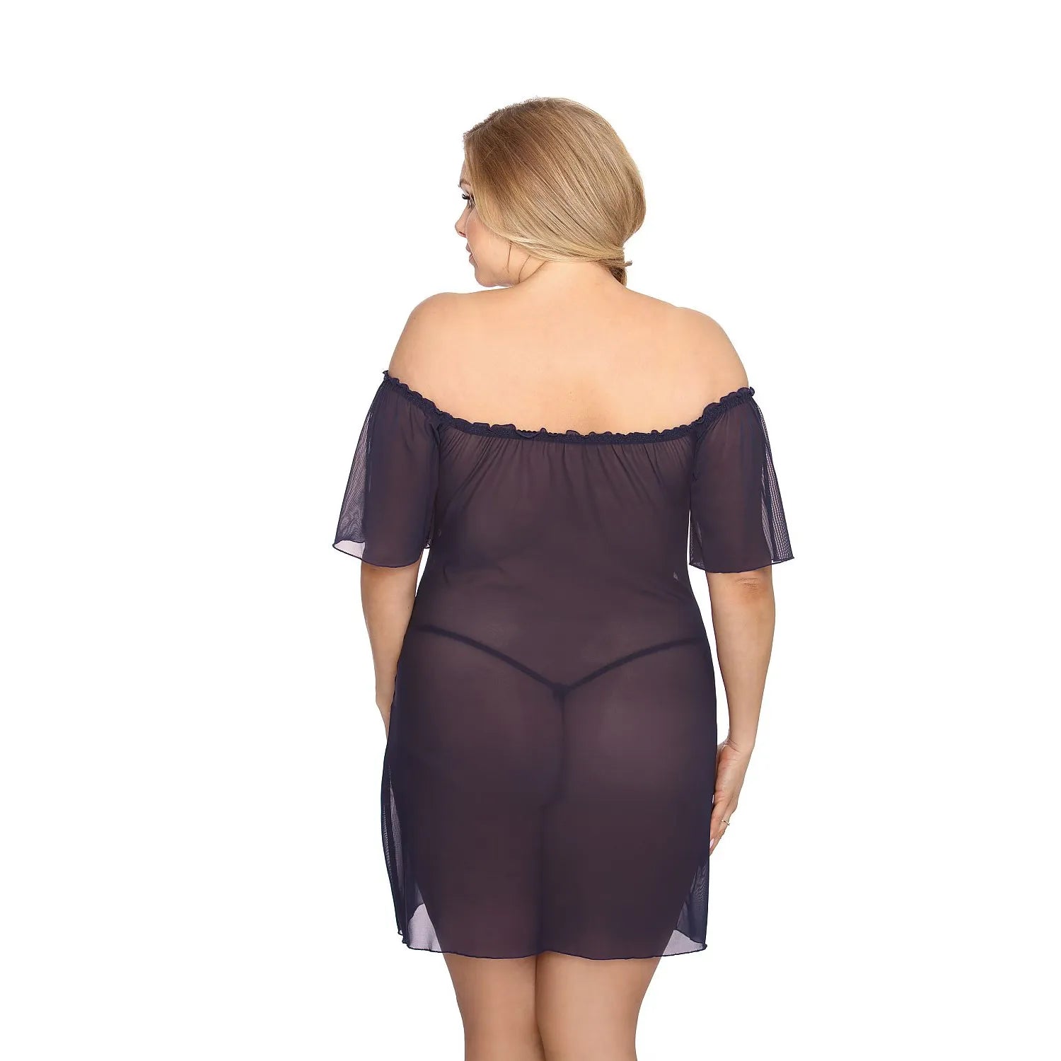 Ensemble lingerie noire grande taille en dentelle et tulle, épaules dénudées, avec string, vue de dos.