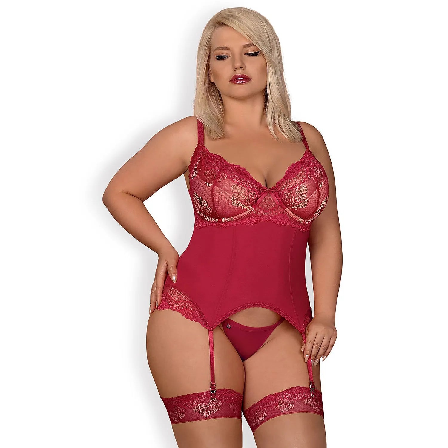 Corset vin rouge Rosalyne avec soutien-gorge rembourré et string assorti, dentelle élégante pour occasions spéciales.