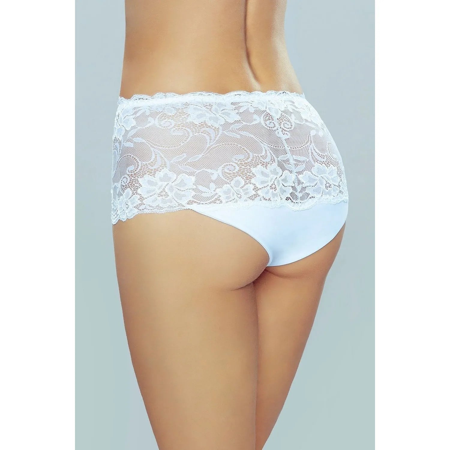 Culotte taille haute blanche en dentelle florale, bordure élastique, élégante et confortable, vue de dos.