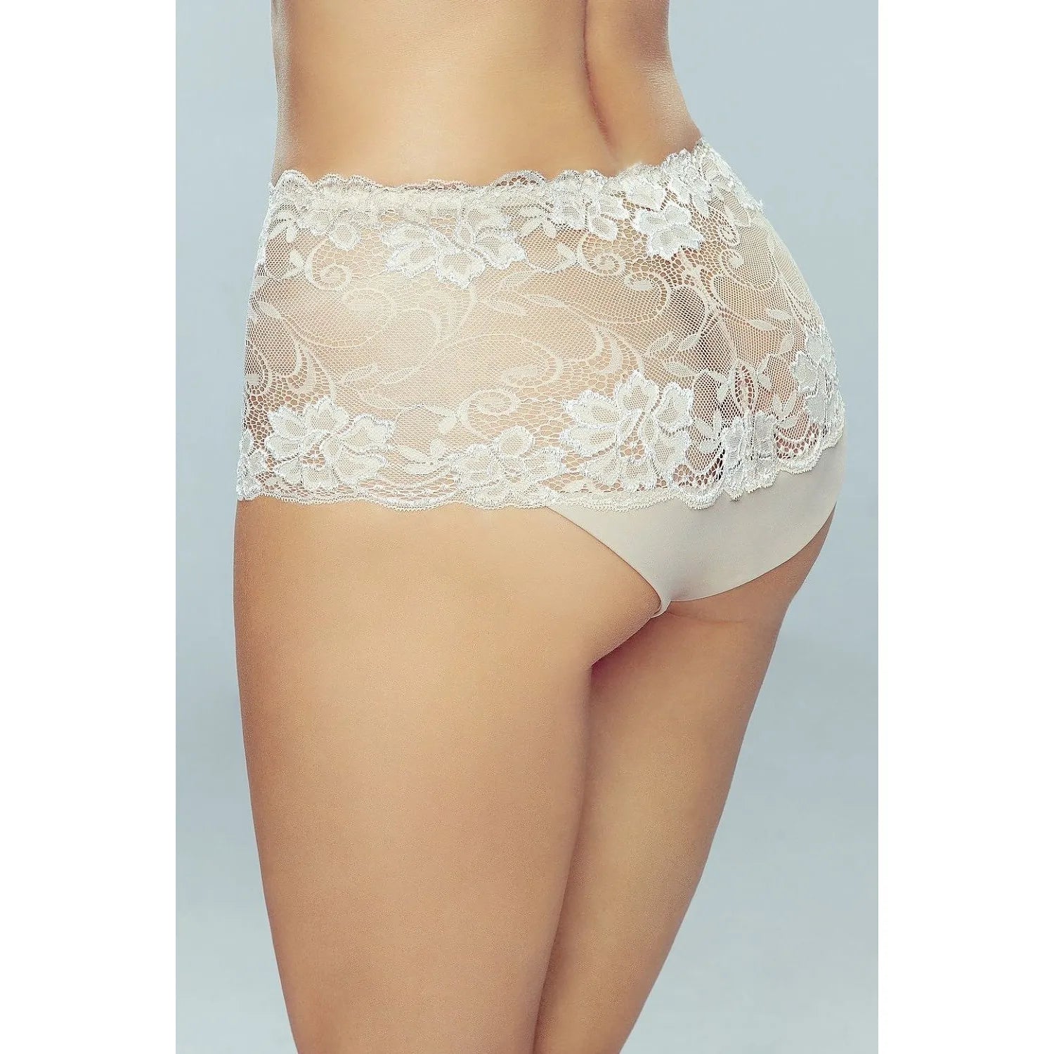 Culotte haute en dentelle transparente florale, couleur ivoire, élasthanne, taille S à XL, élégance et confort féminin.
