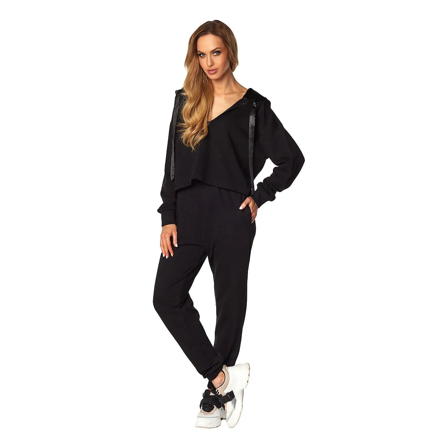 ensemble deux pièces coton pur douceur respirant confortable élégant noir capuche doublée satin argenté pantalon élastique poches latérales