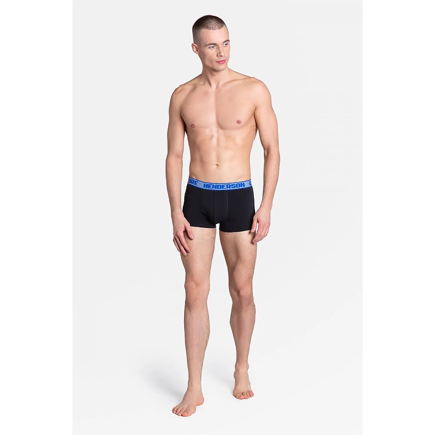 Boxer homme Henderson modèle 151472 confortable coton extensible élasthanne ceinture élastique bleue contrastante couture discrète maintien anatomique noir gris