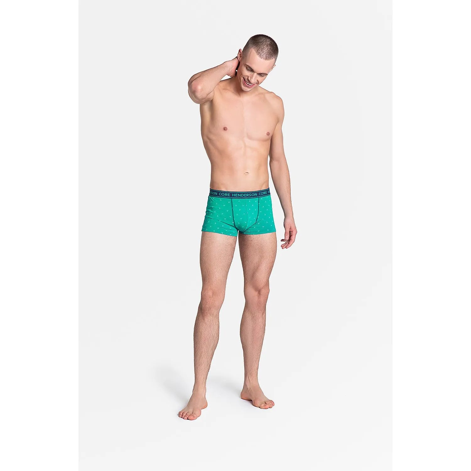 Boxer homme Henderson 151510, motif pois bleu marine et turquoise, coupe ajustée, ceinture élastique, confort optimal.