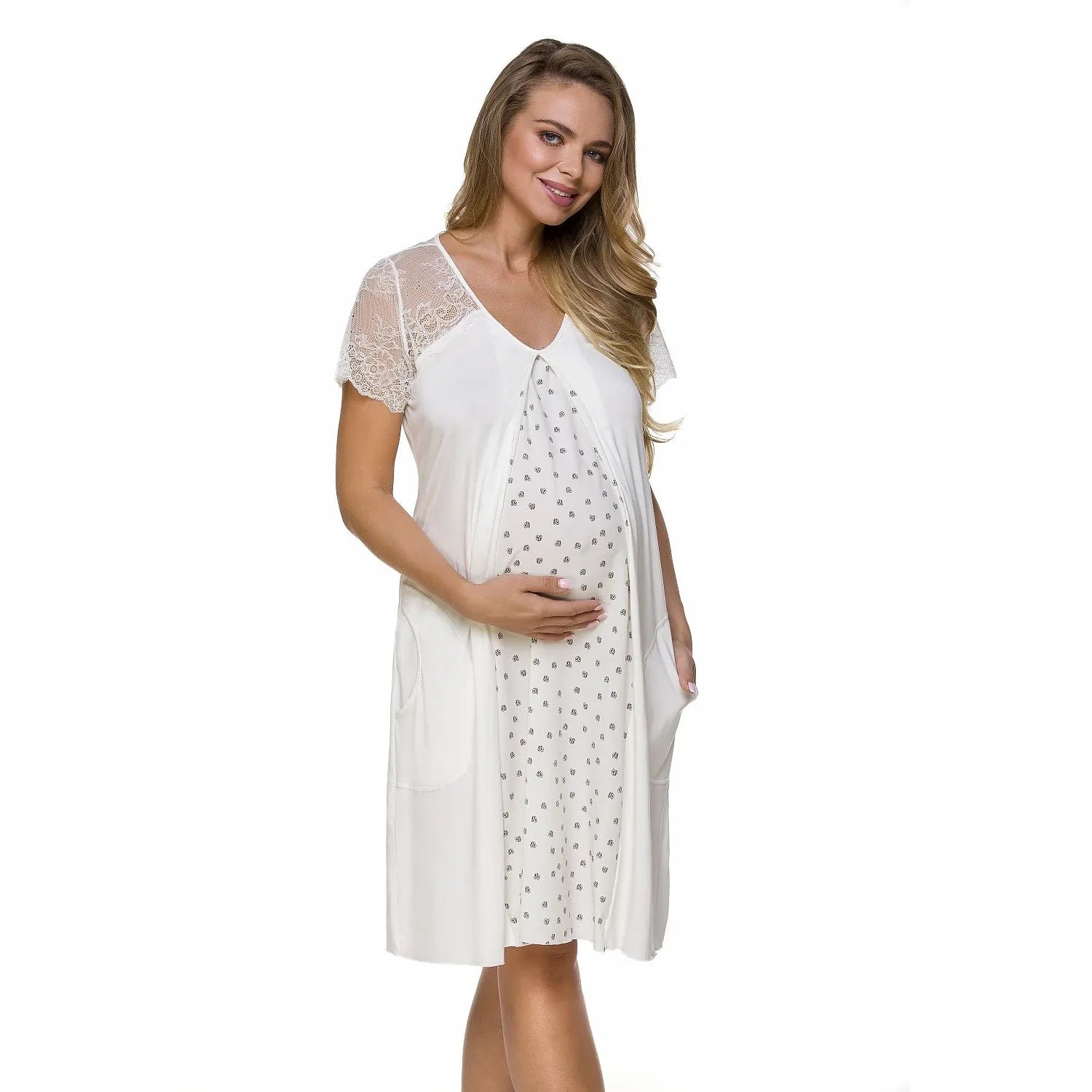 chemise nuit maternité dentelle manches courtes insert viscose imprimée coupe ample longue genoux encolureV poches latérales confort douceur hypoallergénique hôpital